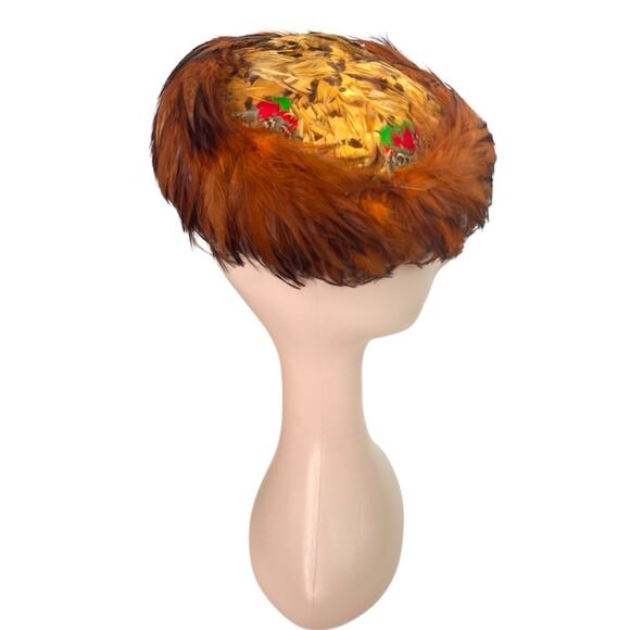 Vintage 1940s Feather Tilt Hat Brown Pheasant Rooster Hollywood Glam Millinery - Picture 2 of 8